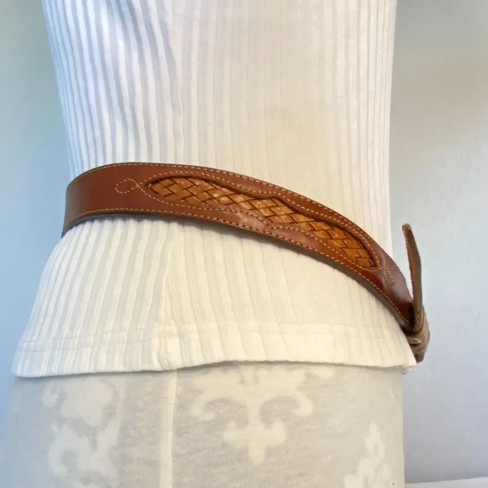💎Leegin Western Belt Medium Waist USA Made Caramel Brown Leather Braided Inlay